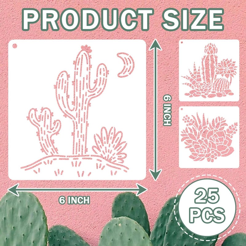 Resflyar 25 PCS Cactus Stencils Reusable Summer Cacti Stencils for Painting on Wood, Tropical Succulent Template for Painting on Furniture Wall Floor Canvas DIY Craft Home Decor, 6 x 6 Inch - Image 2